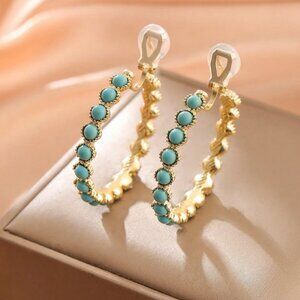 14K Gold Womens 1.75" Large Turquoise Clip On Hoop Earrings 14 K Silver Jewelry